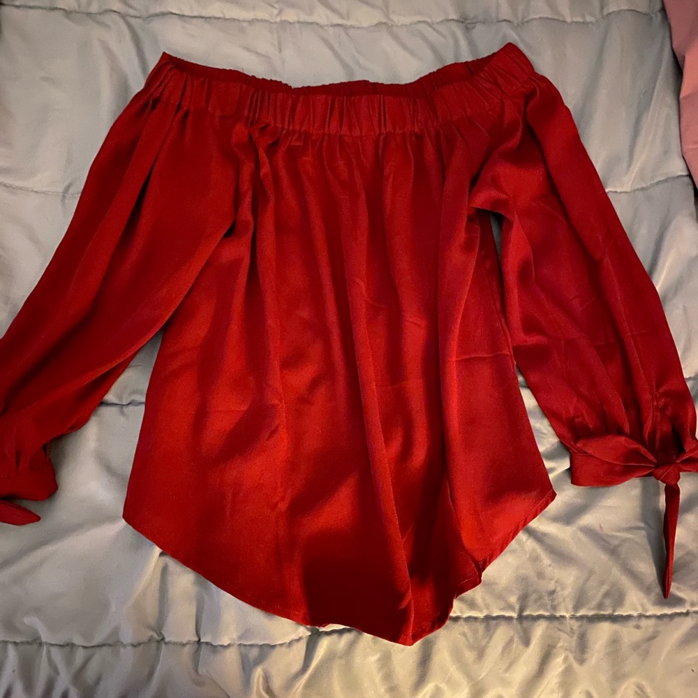 Red Off the Shoulder Blouse with Tie Detail